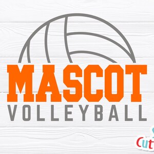 May include: A graphic design featuring a volleyball with the words "MASCOT VOLLEYBALL" in orange and gray. The design is on a white wood-grain background. The SVG Cuttable logo is in the bottom right corner.