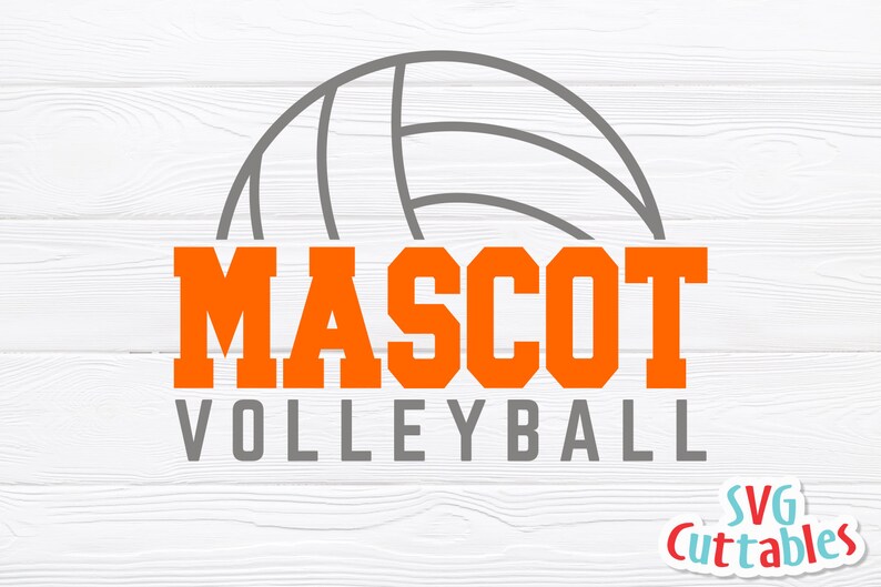 May include: A graphic design featuring a volleyball with the words "MASCOT VOLLEYBALL" in orange and gray. The design is on a white wood-grain background. The SVG Cuttable logo is in the bottom right corner.
