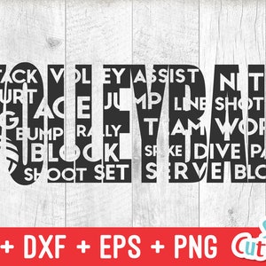 May include: Black and white graphic design of the word "VOLLEYBALL" with various words related to the sport, such as "attack", "court", "dig", "ace", "jump", "line", "shot", "bump", "rally", "team", "work", "block", "spike", "dive", "pass", "shoot", "set", "serve", and "block".