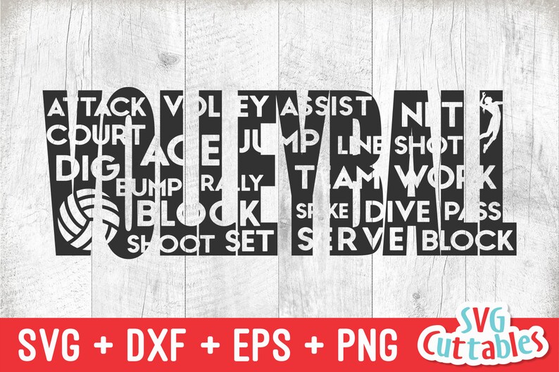May include: Black and white graphic design of the word "VOLLEYBALL" with various words related to the sport, such as "attack", "court", "dig", "ace", "jump", "line", "shot", "bump", "rally", "team", "work", "block", "spike", "dive", "pass", "shoot", "set", "serve", and "block".