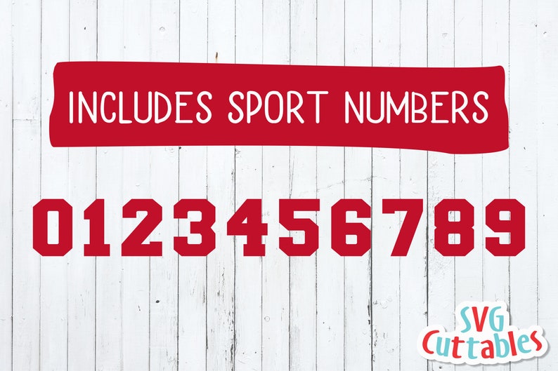 May include: Red numbers 0 through 9 in a bold, blocky font style. The text "INCLUDES SPORT NUMBERS" is in a red banner at the top of the image.