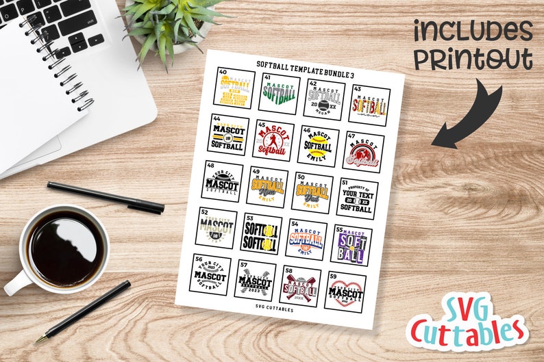 Pu&ograve; includere: Un foglio di carta con 20 diversi design a tema softball. I design includono testo, loghi e immagini di attrezzature da softball. I design sono numerati da 40 a 59. Il testo sul foglio dice "Softball Template Bundle 3" e "SVG Cuttables".
