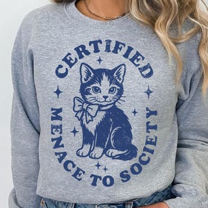 May include: A gray sweatshirt featuring a blue illustration of a cat wearing a bow tie, encircled by the text "CERTIFIED MENACE TO SOCIETY." The design includes stars around the cat and text, creating a vintage aesthetic.