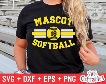 May include: Black t-shirt with yellow text that reads "MASCOT SOFTBALL" and a yellow softball with the number 18 on it.