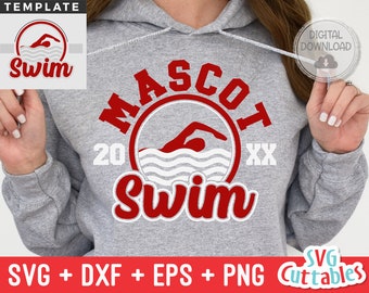 May include: Red and white graphic design with the text "MASCOT 20 XX Swim" in a circle. The graphic features a swimmer in the circle with waves below.