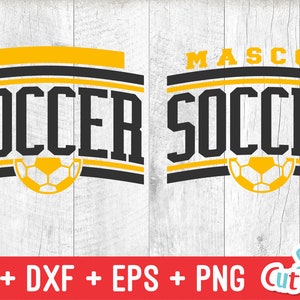 May include: Black and yellow graphic design with the word "SOCCER" in bold black letters. The design includes a football and the word "MASCOT" in black letters.