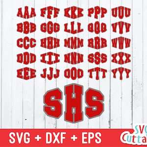 May include: Red and gray monogram letters "SHS" with a white background. The letters are in a bold, block font. The image also includes a set of red letters in a block font, from A to Z.