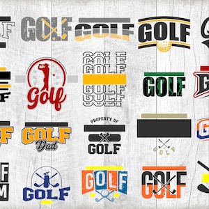 Pu&ograve; includere: Una collezione di 20 diversi design a tema golf con la parola "Golf" in vari font e stili. Alcuni design includono mazze da golf, palline da golf e altre immagini legate al golf.
