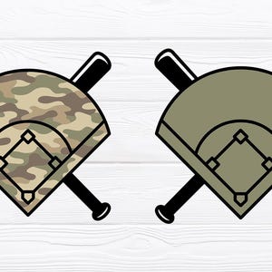 May include: Two baseball field designs with crossed bats. One field has a camouflage pattern in shades of brown, green, and tan. The other field is solid olive green. Both have black outlines and bats.