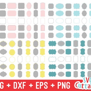 May include: A set of 100 digital cut files featuring various frame shapes in pink, gray, yellow, and blue. The files are in SVG, DXF, EPS, and PNG formats.  SVG Cuttables is a digital design company.