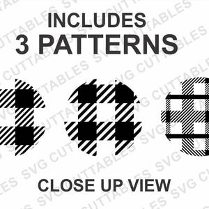 May include: The image displays three circular patterns with a black and white plaid design. The text "INCLUDES 3 PATTERNS" and "CLOSE UP VIEW" are also present.