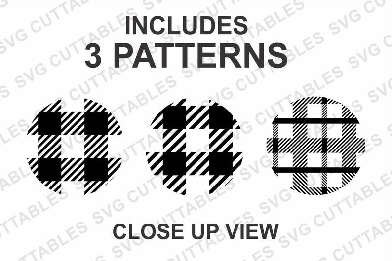 May include: The image displays three circular patterns with a black and white plaid design. The text "INCLUDES 3 PATTERNS" and "CLOSE UP VIEW" are also present.