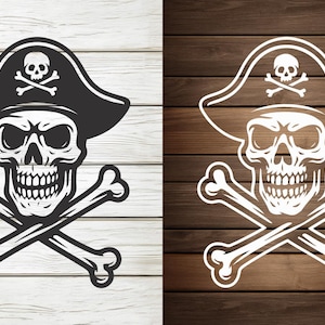 May include: Black and white pirate skull and crossbones design. The skull wears a tricorn hat with a smaller skull and crossbones emblem. The design is on a light wood background.
