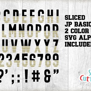 以下が含まれることがあります： 黒と金のストライプのアルファベットフォントと数字と句読点。画像には「SLICED JP BASIC TEE 2 COLOR SVG ALPHABET INCLUDED」というテキストも含まれています。
