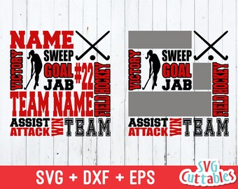 Può includere: Un design digitale rosso e nero con le parole "NAME", "SWEEP", "GOAL", "JAB", "TEAM NAME", "ASSIST", "ATTACK", "WIN", "TEAM", "FIELD HOCKEY" e "SVG Cuttables". Il design include anche una figura stilizzata di un giocatore di hockey su prato.