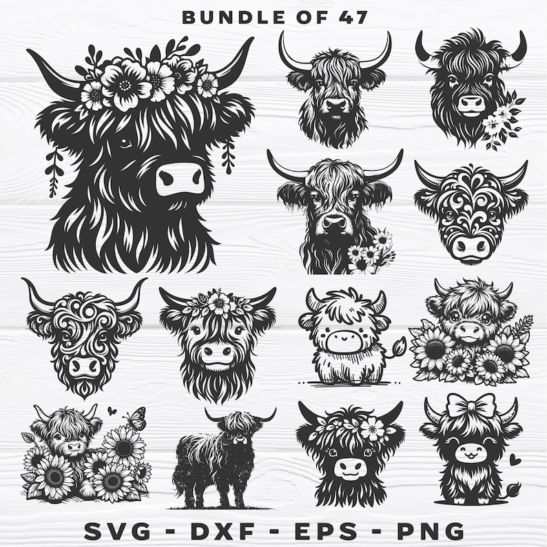 Puede incluir: Un paquete de 47 archivos de corte digital en blanco y negro SVG, DXF, EPS y PNG con dise&ntilde;os de vacas Highland. Los dise&ntilde;os incluyen una variedad de poses de vacas Highland, incluyendo de pie, sentadas y acostadas. Algunos dise&ntilde;os presentan flores, mariposas y girasoles.