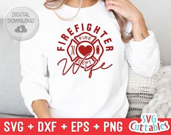 May include: Red and white firefighter wife design with a heart and fire hydrant. The design is on a white sweatshirt.
