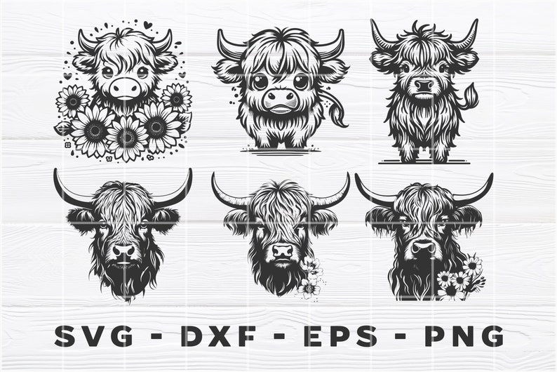 Puede incluir: Seis ilustraciones en blanco y negro de ganado vacuno de las Tierras Altas con diferentes poses. Una imagen presenta una vaca de las Tierras Altas con una corona de flores alrededor de su cabeza. El texto "SVG - DXF - EPS - PNG" est&aacute; en la parte inferior de la imagen.