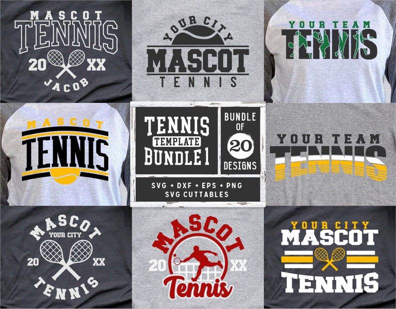 Peut inclure: Un t&eacute;l&eacute;chargement num&eacute;rique de 20 designs sur le th&egrave;me du tennis pour t-shirts. Les designs pr&eacute;sentent une vari&eacute;t&eacute; de styles, notamment un mascotte, un logo d'&eacute;quipe et un logo de ville. Les designs sont disponibles aux formats SVG, DXF, EPS et PNG. Les designs sont d&eacute;coupables.