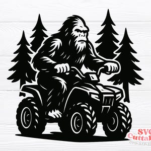 May include: Black and white graphic of Bigfoot riding an ATV. The illustration features Bigfoot with a serious expression, driving the four-wheeler through a forest scene with pine trees in the background. The image has a clean, vector-style design.