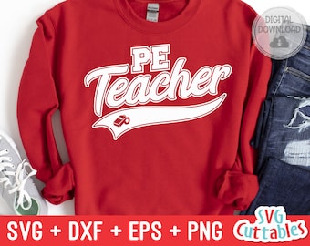 May include: Red sweatshirt with white text that says "PE Teacher" with a white whistle graphic and a white baseball-style arc.