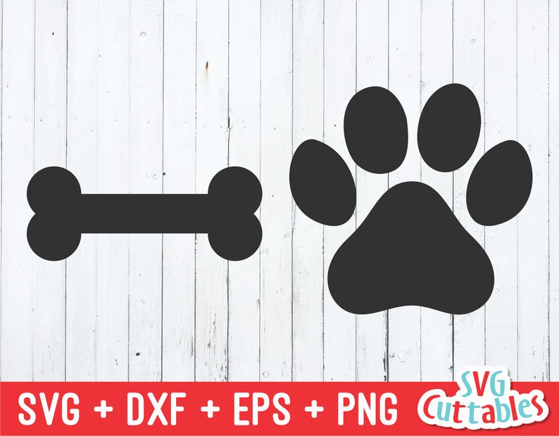 Puede incluir: Silueta negra de un hueso de perro y una huella de pata sobre un fondo de madera blanca.  SVG + DXF + EPS + PNG Cuttables.