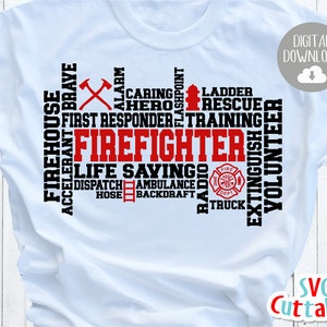 May include: A white t-shirt with a black and red design featuring the words "FIREFIGHTER" and other related terms. The design is centered on the shirt and includes a small red fire hydrant graphic.
