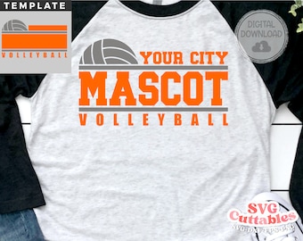 May include: Orange and gray volleyball mascot design with the text "YOUR CITY MASCOT VOLLEYBALL".