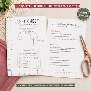 Puede incluir: Una guía PDF imprimible de dos páginas para la colocación de diseños en el pecho izquierdo de camisetas, de 21,59 cm por 27,94 cm. Incluye un diagrama de camiseta, reglas de medición, tamaños de diseño recomendados en cm e instrucciones.