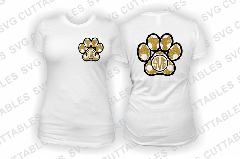 May include: White t-shirt with a gold glitter paw print with a monogram in the center. The back of the shirt has a larger gold glitter paw print with a monogram in the center.