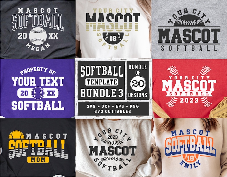 Pu&ograve; includere: Un set di 20 modelli di design per squadre di softball. I design presentano diverse combinazioni di colori e includono testo come "Mascot Softball", "Your City" e "Property of Your Text".