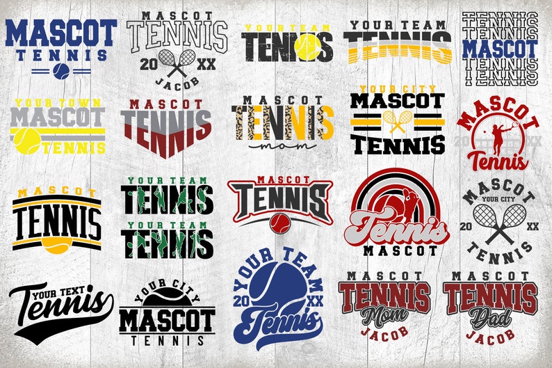 Peut inclure: Une collection de 16 designs graphiques color&eacute;s mettant en sc&egrave;ne le mot "Tennis" avec diff&eacute;rents textes et images, notamment des raquettes de tennis, des balles de tennis et les mots "Mascot", "Maman", "Papa", "Votre &eacute;quipe", "Votre ville" et "Votre texte".