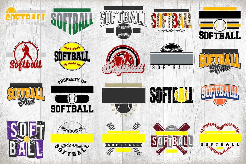 Pu&ograve; includere: Una collezione di 15 design a tema softball con vari testi, grafica e colori. I design includono "Softball", "Softball Dad", "Softball Mom", "Property of Softball", e altro ancora.