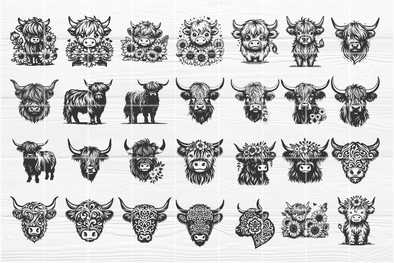 Puede incluir: Una colecci&oacute;n de 36 ilustraciones en blanco y negro de ganado de las tierras altas con varios elementos florales y decorativos. Las ilustraciones presentan diferentes poses y expresiones del ganado, incluyendo cuerpo completo, retratos y perfiles.