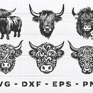 Puede incluir: Seis ilustraciones en blanco y negro de una cabeza de vaca Highland. Tres de las ilustraciones son dibujos de l&iacute;nea simples, y tres son m&aacute;s detalladas con patrones florales.