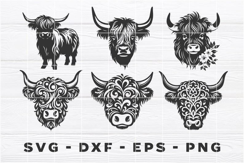 Puede incluir: Seis ilustraciones en blanco y negro de una cabeza de vaca Highland. Tres de las ilustraciones son dibujos de l&iacute;nea simples, y tres son m&aacute;s detalladas con patrones florales.
