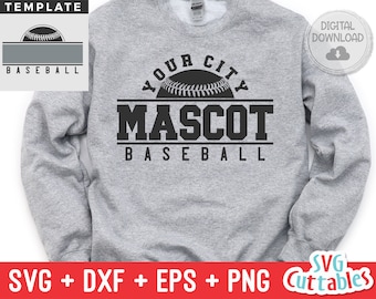 May include: A gray sweatshirt with a black baseball graphic and the text "YOUR CITY MASCOT BASEBALL".