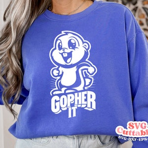 May include: A royal blue sweatshirt with a white cartoon gopher graphic and the text "Gopher It".