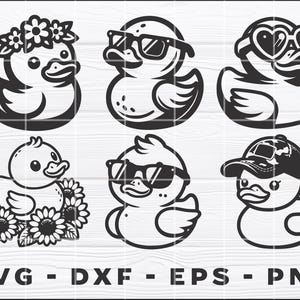 May include: A set of six black and white rubber duck illustrations. The ducks are wearing different accessories, including sunglasses, a flower crown, and a baseball cap.  SVG - DXF - EPS - PNG