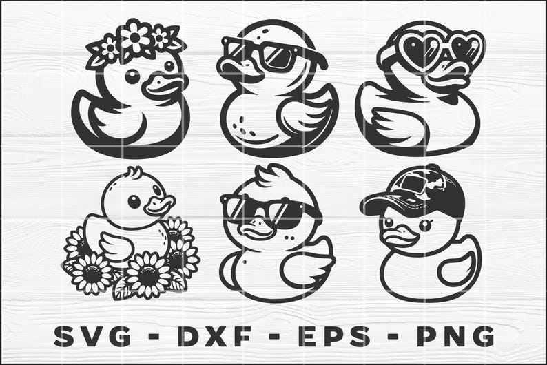May include: A set of six black and white rubber duck illustrations. The ducks are wearing different accessories, including sunglasses, a flower crown, and a baseball cap.  SVG - DXF - EPS - PNG