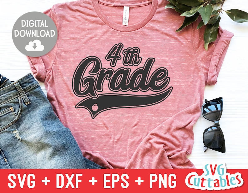 May include: A pink t-shirt with a black and white graphic that says "4th Grade" with a stylized baseball design and a small apple graphic. The design is on a pink t-shirt with a distressed look.