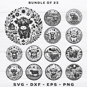 ハイランド牛 svg - マッシュルームカットファイルバンドル - svg - dxf - eps - png - ラウンドシーン - シルエット - Cricut - レーザー - デジタルファイル