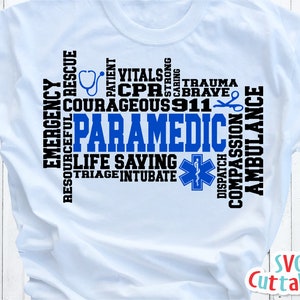 May include: A white t-shirt with a blue and black graphic design featuring the word "Paramedic" surrounded by words related to the profession, such as "CPR", "Trauma", "Life Saving", and "Ambulance".