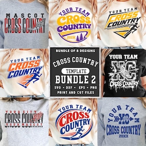 May include: A digital bundle of eight cross country graphic designs for apparel, featuring various typography, runner silhouettes, winged shoes, and arrows. The central text reads BUNDLE OF 8 DESIGNS CROSS COUNTRY TEMPLATE BUNDLE 2 SVG DXF EPS PNG.
