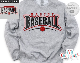 May include: A gray sweatshirt with a red and black baseball mascot design. The design says "MASCOT BASEBALL" with a baseball graphic.