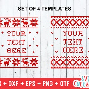 Puede incluir: Conjunto de cuatro plantillas de diseño de suéter navideño rojo y blanco. Cada plantilla presenta un patrón diferente con el texto "YOUR TEXT HERE" en el centro.