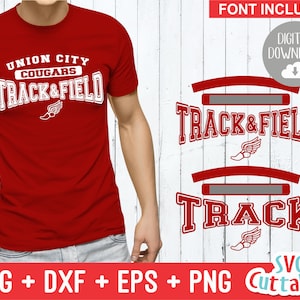 May include: Red and white digital download design for a track and field team. The design features the text "Union City Cougars Track & Field" and a running shoe with wings. The design is available in SVG, DXF, EPS, and PNG formats.