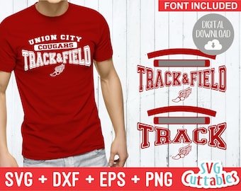 May include: Red and white digital download design for a track and field team. The design features the text "Union City Cougars Track & Field" and a running shoe with wings. The design is available in SVG, DXF, EPS, and PNG formats.