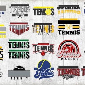 Peut inclure: Une collection de 18 designs diff&eacute;rents sur le th&egrave;me du tennis, pr&eacute;sentant diverses polices, couleurs et graphismes. Les designs comprennent le mot "Tennis" dans diff&eacute;rents styles, des raquettes de tennis, des balles de tennis et d'autres images li&eacute;es au tennis.