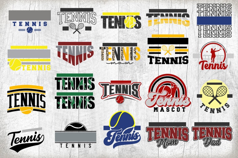 Peut inclure: Une collection de 18 designs diff&eacute;rents sur le th&egrave;me du tennis, pr&eacute;sentant diverses polices, couleurs et graphismes. Les designs comprennent le mot "Tennis" dans diff&eacute;rents styles, des raquettes de tennis, des balles de tennis et d'autres images li&eacute;es au tennis.
